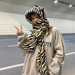 Zebra Pattern Warm Faux Fur Ears Hood Scarf