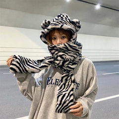Zebra Pattern Warm Faux Fur Ears Hood Scarf