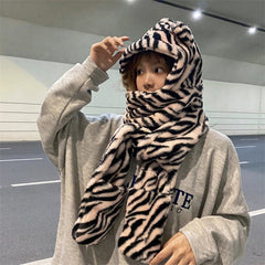 Zebra Pattern Warm Faux Fur Ears Hood Scarf