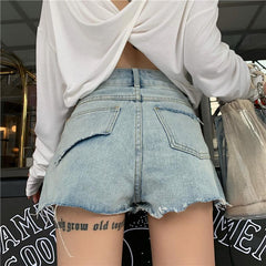 Shorts vaqueros con cremallera, cintura alta y bordes rasgados