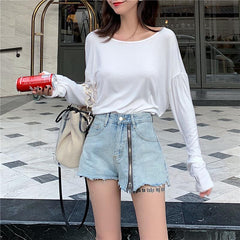 Shorts vaqueros con cremallera, cintura alta y bordes rasgados