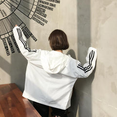 Zipper Hooded Loose Striped Windbreaker