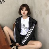 Zipper Hooded Loose Striped Windbreaker