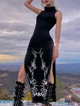 Dark Turtleneck Slit Long Dress