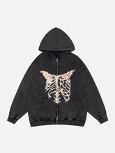 Washed Skeleton Pattern Zip Up Hoodie