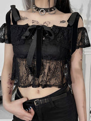 Lace Mesh Ribbon Short Sleeve T Shirt