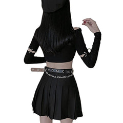 Dark Punk Personality Chain T-Shirt Pleated Skirt Two-Piece Set