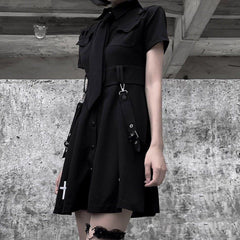 Dark Punk Cross Embroidery Tie Ribbons Dress