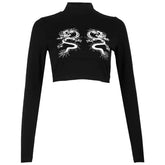 Dark Double Dragon Print Cropped Long Sleeve T Shirt
