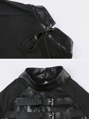 Leather Panel Metal Buckle Long Sleeve T Shirt