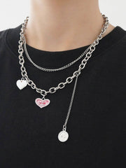 Pink Heart Coin Double Necklace