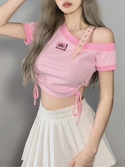 Irregular Shoulder Strap Short Sleeve T Shirt