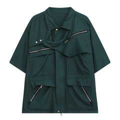 Multi Pockets Zip Up Short Sleeve Shirt