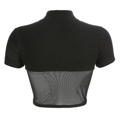 Slim Patchwork Black Mesh Crop Short Sleeve T-shirt