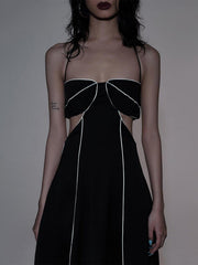 Solid Color Tie Backless Reflective Stripe Dress