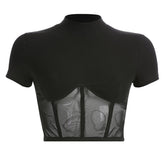 Slim Patchwork Black Mesh Crop Short Sleeve T-shirt