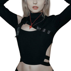 Dark Sexy Hollow Buckle Crop T Shirt