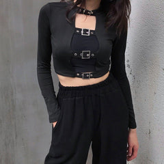 Dark Hollow Out Lace Long Sleeve Crop T Shirt
