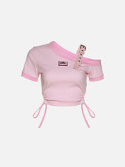 Irregular Shoulder Strap Short Sleeve T Shirt