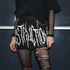 Dark Punk Print Chain Denim Skirt