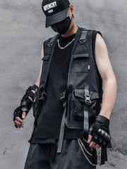 Function Dark Ninja Ribbons Pockets Cardigan Vest