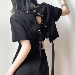 Back Cross Tie Hollow Crop Short Sleeve