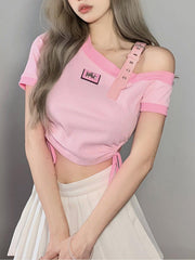 Irregular Shoulder Strap Short Sleeve T Shirt