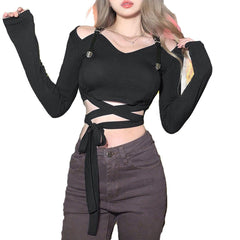 Navel Lace Up Long Sleeve Shirt
