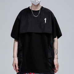 Fake Two Zipper Embroidery Decorative Pocket Tee
