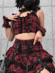 Plaid Lace Pleated Skirt Suit