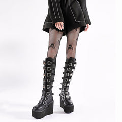 High-top Metal Button PU Thick High-heel Martin Boots