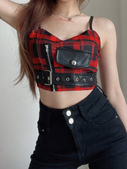 PU Buckle Patchwork Plaid Vest