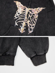 Washed Skeleton Pattern Zip Up Hoodie