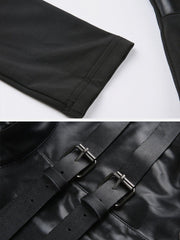 Leather Panel Metal Buckle Long Sleeve T Shirt