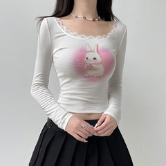 Top corto de manga larga con ribete de encaje Kawaii Coquette