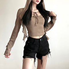 Khaki Gothic Cami Top And Hooded Shrug Top Set