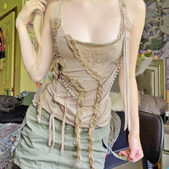 Khaki Hippie Style Lace Tank Top