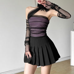 Conjunto de top de tubo con cuello halter y mangas de malla superpuesta