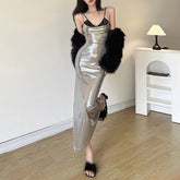 Metallic Cowl Neckline Slit Maxi Dress