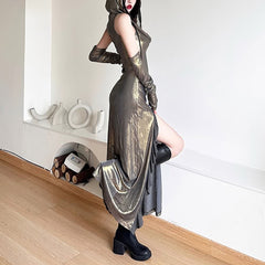 Metallic Ruffle Slit Hooded Maxi Dress