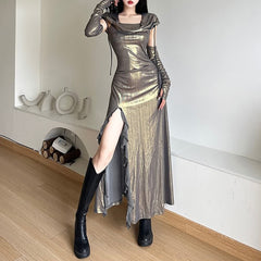 Metallic Ruffle Slit Hooded Maxi Dress