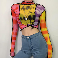 Colorful Tie Dye Transparent Long Sleeved Mesh Blouse