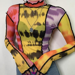 Colorful Tie Dye Transparent Long Sleeved Mesh Blouse