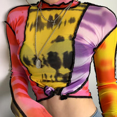 Colorful Tie Dye Transparent Long Sleeved Mesh Blouse