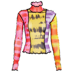 Colorful Tie Dye Transparent Long Sleeved Mesh Blouse