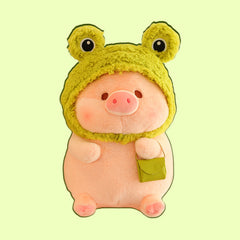 Adorable cerdo de peluche con una práctica bolsa