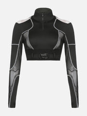 Techwear Mesh Buckle Cropped Long Sleeve T-Shirt