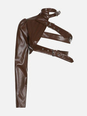Metal Adjustment Buckle One Shoulder PU Cropped Coat