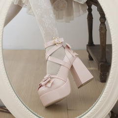 Pink Kawaii Lolita Bow Star Chunky Platform High Block Heels