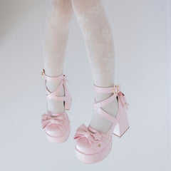 Pink Kawaii Lolita Bow Star Chunky Platform High Block Heels